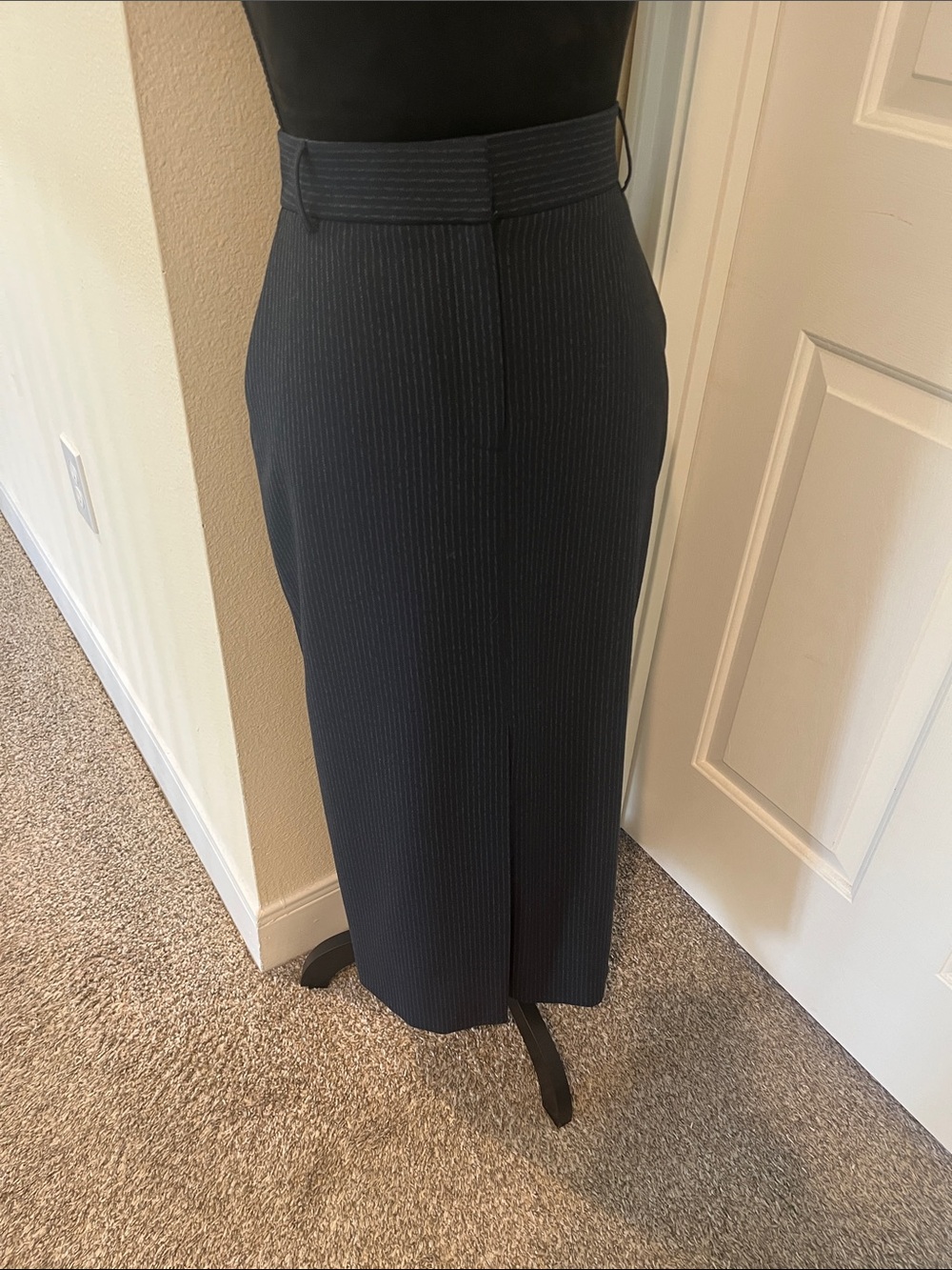 Alex Marie Navy Pinstripe Maxi Skirt with Front Slit